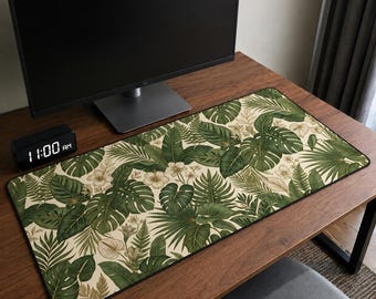 Monstera Large Mouse Pad, Tropical Desk Mat, Vintage Botanical Office Decor, Aesthetic Jungle Computer Pad, Greenery Gaming Accessories