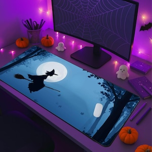 Witchy Desk Mat, Halloween Mouse Pad XL, Large Spooky Desk Pad, Witch Flying Keyboard Mat, Desk Accessory for Office or Gaming Setup