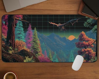 Fantasy Dragon Forest Desk Mat, Retro Neon Landscape Keyboard Pad, Gaming Mouse Pad for PC Setup