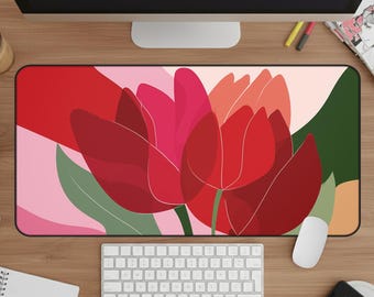 Abstract Tulip Desk Mat, Bold Floral Mouse Pad, Red & Pink Flower Desk Pad XL, Colorful Keyboard Mat, Modern Art Office Decor, Gift for Her