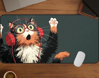 Funny Cat Desk Mat, Cute Gaming Keyboard Pad, Oversized Mousepad, Calico Kitty Music Lover Gift, Aesthetic Office Decor