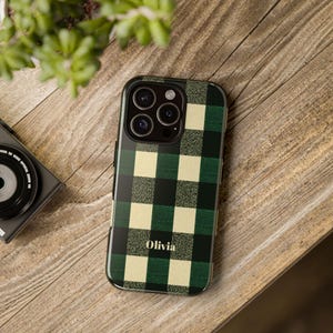 Green Gingham Phone Case Checkered Green Plaid Phone Cover Personalized iPhone 16 15 14 Pro Max Plus, Samsung Galaxy S25 S24 S23, Pixel 9 8