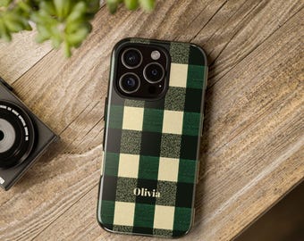 Green Gingham Phone Case Checkered Green Plaid Phone Cover Personalized iPhone 16 15 14 Pro Max Plus, Samsung Galaxy S25 S24 S23, Pixel 9 8