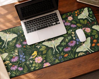 Luna Moth Desk Mat, Botanical Cottagecore Mouse Pad XL, Dark Green Floral Office Decor, Celestial Nature Large Desk Pad, Butterfly Mousepad