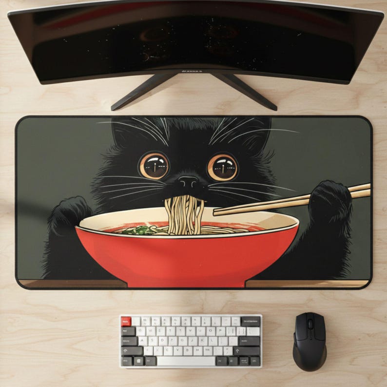 Funny Ramen Cat Desk Mat, Gaming Mouse Pad XXL, Noodle Black Cat Large Desk Pad, Kawaii Anime Keyboard Mat, Cat Lovers Gamers & Office Decor image 6