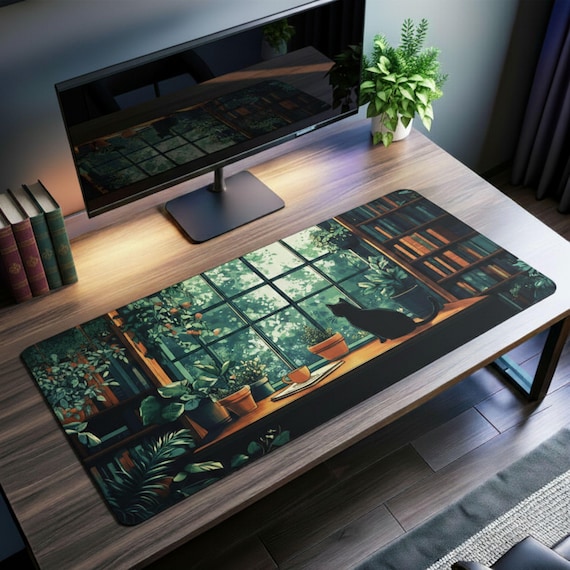Cat Desk Mat Bookshelves Mousepad XL, Lofi Dark Academia Desk Pad, Aesthetic Keyboard Mat XXL, Cute Gift Idea for Cat Lovers & Bookworms