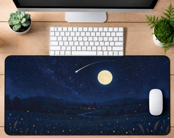 Firefly Night Desk Mat, Starry Meadow Pixel Desk Pad, Large Mouse Pad, Keyboard Mat, Home Office Decor, Calming Gift Idea, Gaming Setup