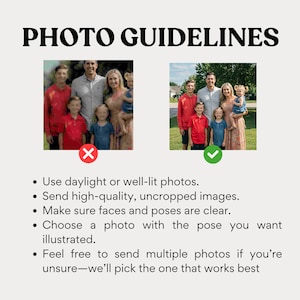 Pode incluir: Imagem com o texto "PHOTO GUIDELINES" em negrito preto. A imagem mostra duas fotos de fam&iacute;lia, uma marcada com um X vermelho e a outra com uma marca de sele&ccedil;&atilde;o verde. Os pontos de bala abaixo detalham os requisitos da foto, incluindo luz do dia, alta qualidade e rostos claros.
