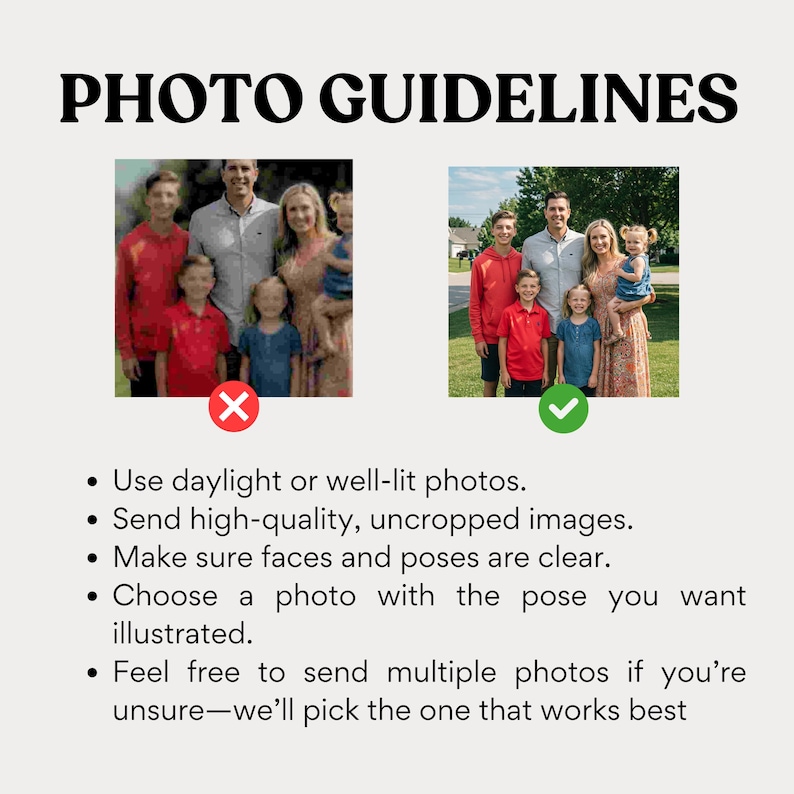 Pode incluir: Imagem com o texto "PHOTO GUIDELINES" em negrito preto. A imagem mostra duas fotos de fam&iacute;lia, uma marcada com um X vermelho e a outra com uma marca de sele&ccedil;&atilde;o verde. Os pontos de bala abaixo detalham os requisitos da foto, incluindo luz do dia, alta qualidade e rostos claros.