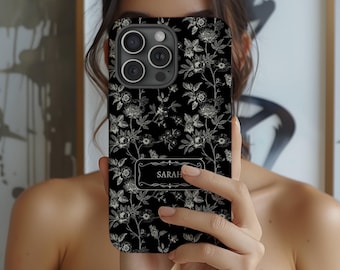 Funda personalizada con diseño de tela negra: elegante funda floral con nombre personalizado para iPhone
