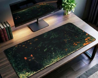 Alfombrilla de escritorio con diseño de gato, alfombrilla de juego para jardín oscuro, alfombrilla de ratón negra de gato, alfombrilla de escritorio con diseño de plantas, alfombrilla de ratón estética XXL, alfombrilla de teclado con diseño de gato, regalo para amantes de los gatos.