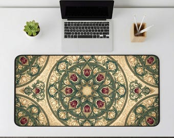 Mandala Large Mouse Pad, Vintage Tulip Desk Mat, Art Nouveau Floral Blotter, Renaissance Office Decor, Aesthetic Dark Academia Desk Pad