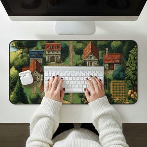 Pixel Art Village Desk Mat, Farm Gaming Mouse Pad, Windmill DeskPad XL, Retro Keyboard Mat, Gift for Gamers, Cozy Farming Desk Accessory