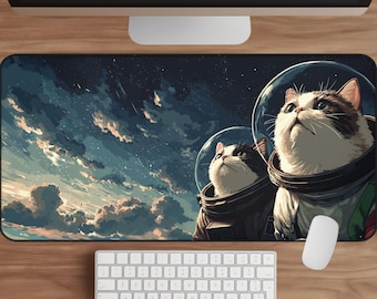 Astronaut Cats Desk Mat: Funny Galaxy Kitten Gaming Pad