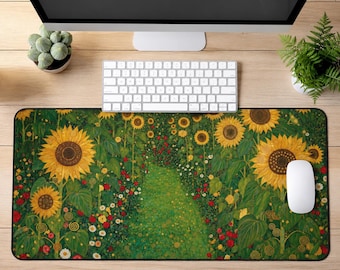 Klimt Desk Mat, Sunflower Garden Desk Pad, Large Mouse Pad, Keyboard Mat, Gold Floral Desk Mat, Home Office Decor, Art Lover Gift for Her
