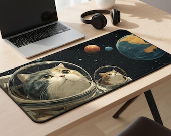 Zabawna podkładka na biurko z kotami astronautami XL: klawiatura do gier Galaxy Kitten, prezent dla miłośników kosmosu