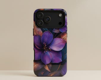 Purple Floral Phone Case: Gold Accent Stained Glass Phone Cover for iPhone 17 Pro Max Air, Galaxy S25 S24 S23 Pixel 9 8 7