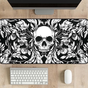 Gothic Desk Mat, Skull Desk Pad, Dark Aesthetic Extra Large Mouse Pad, Black and White Floral Computer Mat, Horror Gamers Keyboard Mat