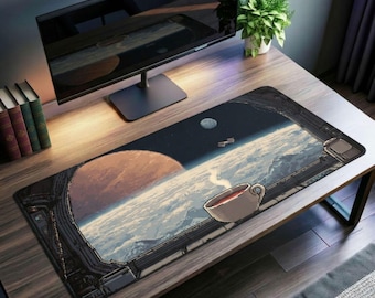 Tapete de mesa com pixel art, mouse pad de ficção científica, DeskPad XL futurista, tapete de teclado para nave espacial, presente para jogadores, acessório de mesa para jogos de astronomia