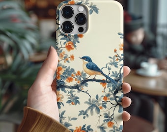 Chinoiserie Bluebird Phone Case: Floral Orange Blossom Design