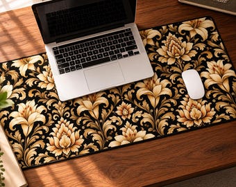 Black Gold Desk Mat, Damask Mouse Pad, Baroque Lily Floral Mousepad, Vintage Gothic Office Decor, Luxury Dark Academia Desk Plotter