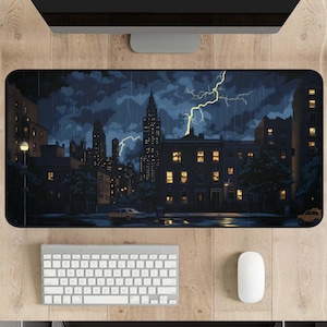 Gothic City Desk Mat Halloween Desk Pad & Large Mouse Pad, Spooky Desk Mat, Dark City Computer Mat, Thunderstorm Keyboard Mat for Gamers