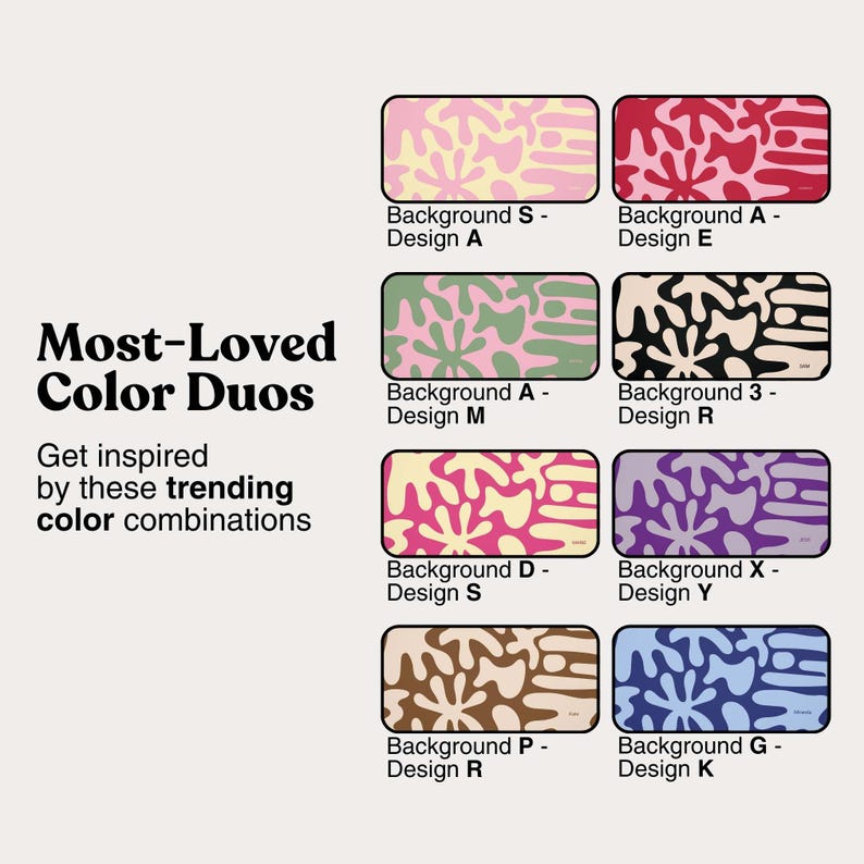 May include: A chart titled Most-Loved Color Duos with the text Get inspired by these trending color combinations. It displays eight rectangular swatches featuring organic, abstract shapes in various two-tone color palettes labeled with codes.