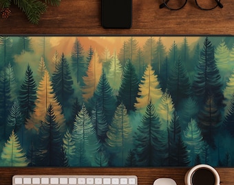 Green Desk Mat: Forest Mousepad, Cute Nature Desk Pad, Christmas Keyboard Mat, Desk Accessories, Office Decor