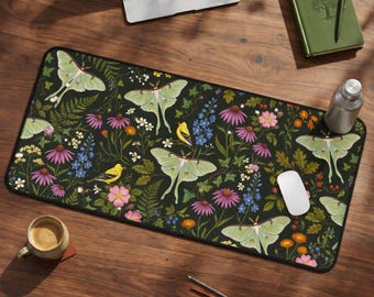 Luna Moth Desk Mat, Botanical Cottagecore Mouse Pad XL, Dark Green Floral Office Decor, Celestial Nature Large Desk Pad, Butterfly Mousepad