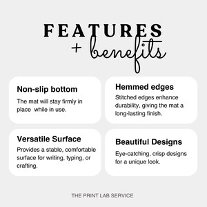 May include: A graphic with the words "FEATURES + benefits" in black. Below are four white boxes describing the product's features: non-slip bottom, hemmed edges, versatile surface, and beautiful designs. The Print Lab Service is at the bottom.