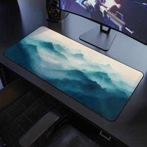 Foggy Mountain Desk Mat, Aesthetic Landscape Desk Pad for Office & Home Decor, Nature Keyboard Mat for Gaming, Forest MousePad XXL