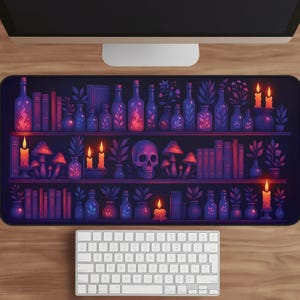 Witchy Apothecary Desk Mat: Purple Halloween Mouse Pad for Spooky Gaming Setup and Office Decor