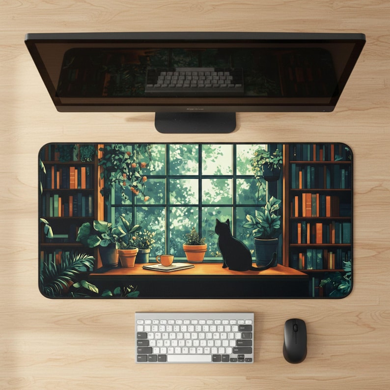 Cat Desk Mat Bookshelves Mousepad XL, Lofi Dark Academia Desk Pad, Aesthetic Keyboard Mat XXL, Cute Gift Idea for Cat Lovers & Bookworms image 2