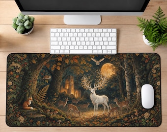 White Stag Desk Mat, Moonlit Forest Desk Pad, Large Mouse Pad, Keyboard Mat, Home Office Decor, Nature Lover Gift for Her, Fairycore Decor