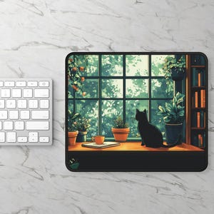 May include: A black cat sits on a windowsill looking out a window with green foliage. There are potted plants on the windowsill and a bookshelf with books in the background. A cup of coffee sits on the windowsill.