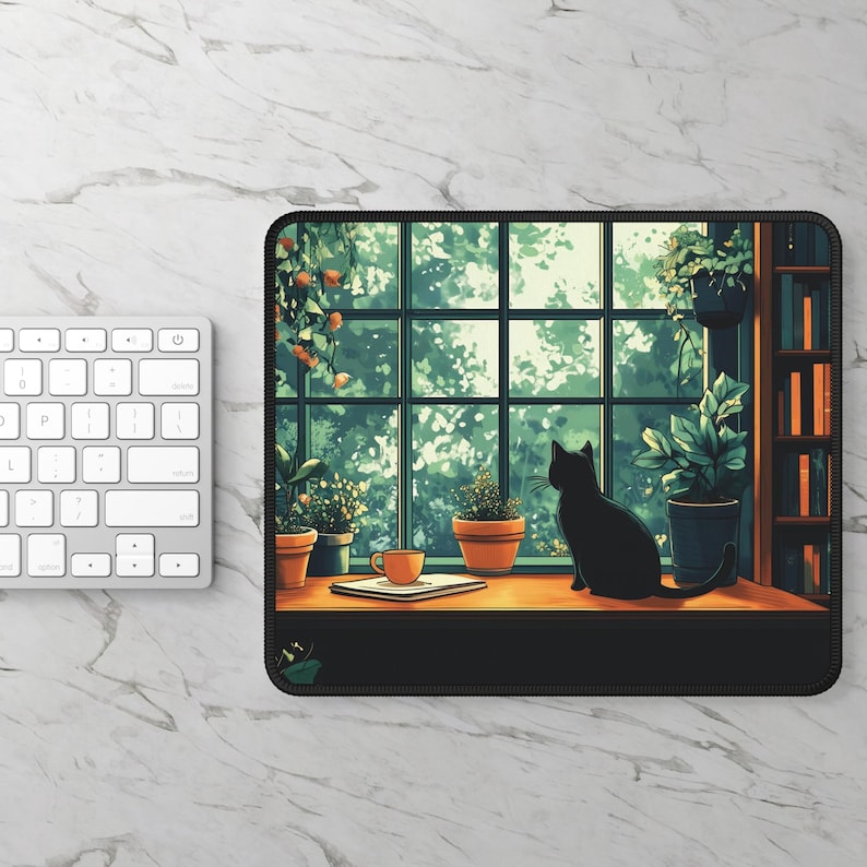 May include: A black cat sits on a windowsill looking out a window with green foliage. There are potted plants on the windowsill and a bookshelf with books in the background. A cup of coffee sits on the windowsill.