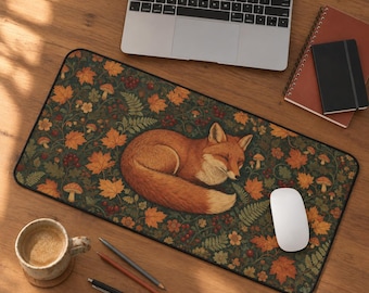 Fox Desk Mat, Sleeping Fox Autumn Desk Pad, Large Mouse Pad, Keyboard Mat, Home Office Decor, Fox Lover Gift for Her, Cottagecore Fall Decor