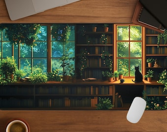 Fantasy Cat Library Desk Mat, Cottagecore Plants Lover Mouse Pad