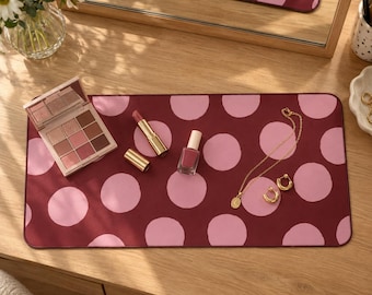 Personalized Polka Dot Makeup Mat, Custom Vanity Mat with Initials, Monogram Beauty Mat, Cute Desk Pad, Preppy Room Decor, Gift for Her