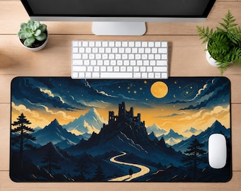 Fantasy Castle Desk Mat, Moonlit Mountain Desk Pad, Large Mouse Pad, Keyboard Mat, Home Office Decor, Dark Academia Gift, Book Lover Gift