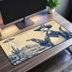 Alfombrilla de escritorio vaquera Silly Goose, alfombrilla de ratón vintage de ciencia ficción del oeste, alfombrilla de ordenador extendida con diseño de ovni alienígena, alfombrilla de teclado de pato, alfombrilla de escritorio divertida XXL