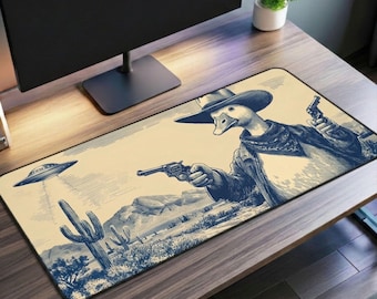 Silly Goose Cowboy Desk Mat, Vintage Sci-Fi Western Mouse Pad, Alien UFO Extended Computer Mat, Duck Keyboard Mat, Funny Desk Pad XXL