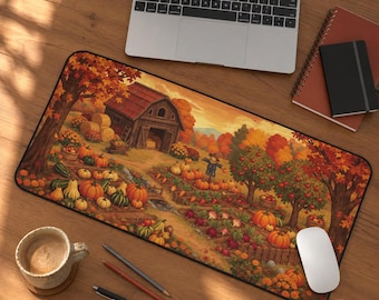 Fall Desk Mat, Pixel Art Pumpkin Farm Desk Pad, Large Mouse Pad, Keyboard Mat, Home Office Decor, Autumn Decor Gift Idea, Teacher Gift