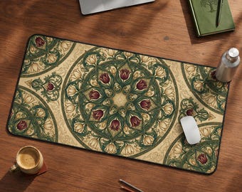Vintage bureaumat tulp, mandala-muismat groot, art nouveau bloemenvloeipapier, renaissance kantoordecor, esthetisch donker academia-bureaublad