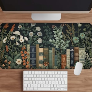 Floral Bookshelf Desk Mat: Bookworm Desk Decor, Book Lover Gift