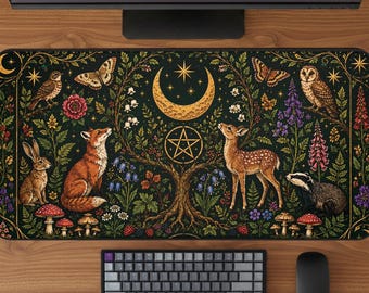 Witchy Desk Mat XL, Celestial Fox & Deer Mouse Pad, Nature Desk Pad, Dark Whimsigoth Office Decor, Moon Phase Mousepad, Cottagecore Deskmat