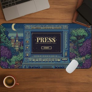May include: A rectangular mousepad featuring a pixelated design of a vintage computer screen with the word "PRESS" and "START". The background depicts a night scene with a crescent moon, a castle, and lush trees. A white mouse rests on the pad.