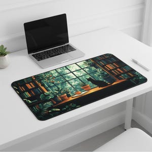 Cat Desk Mat Bookshelves Mousepad XL, Lofi Dark Academia Desk Pad, Aesthetic Keyboard Mat XXL, Cute Gift Idea for Cat Lovers & Bookworms image 7