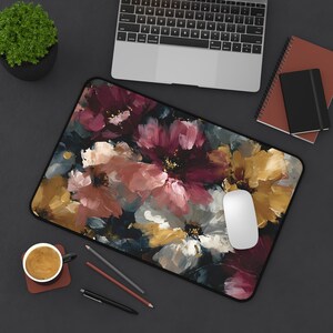 Abstract Floral Desk Mat, Large Painterly Flower Mouse Pad in Burgundy, Gold & Blush, Artistic Desk Decor image 9