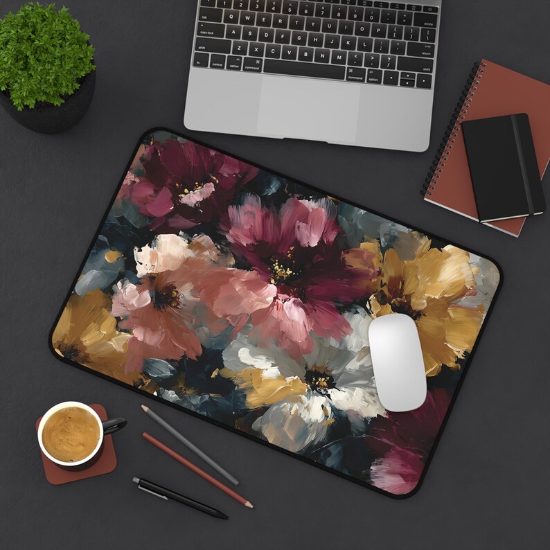 Abstract Floral Desk Mat, Large Painterly Flower Mouse Pad in Burgundy, Gold & Blush, Artistic Desk Decor image 9